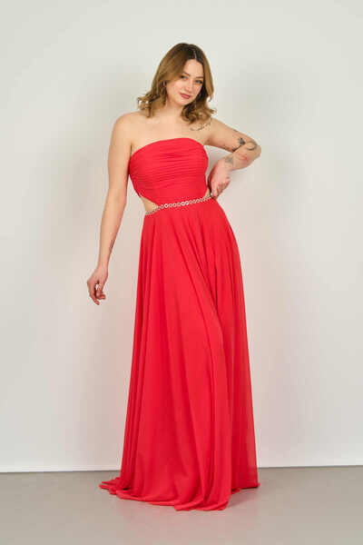 ŞEREF VURAL Women's Strapless Stone Chain Detailed Long Evening Dress with Side Window 8227 Pomegranate