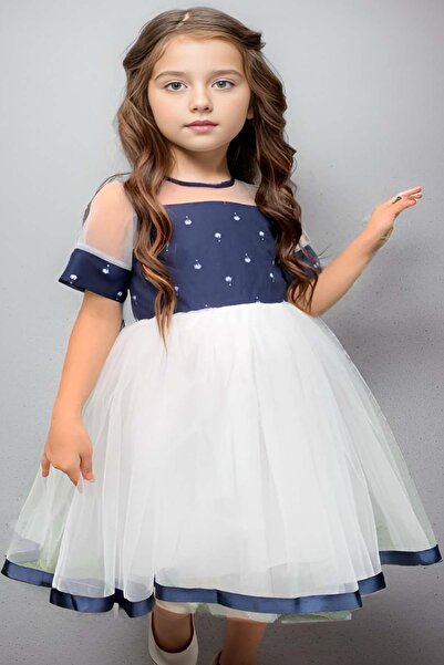 Riccotarz Kız Çocuk Kurdele Toka ve Şerit Detaylı Tüllü Desenli Mavi Elbise