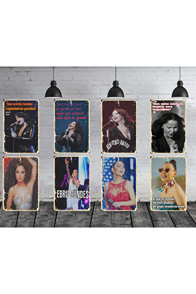 hazalshop Şebnem Ferah & Ebru Gündeş Seti 8 Adet 20x30 Cm Retro Ahşap Tablo