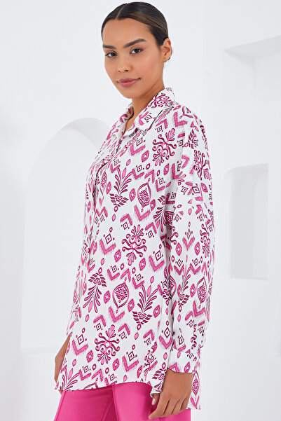 Bigdart Women's Fuchsia White Patterned Oversize Satin Shirt 3985