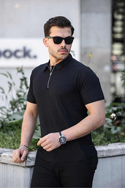 ixir Чорна чоловіча футболка з коміром-поло та застібкою-блискавкою