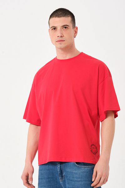 Owut Collection Men's Red Crew Neck Smile Print Detailed Oversize T-shirt