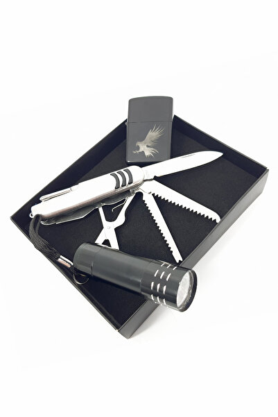 SRMesser Benzinli Çakmak Çok Amaçlı Çakı Fener 3 Parça Kamp Seti Erkek Hediye...