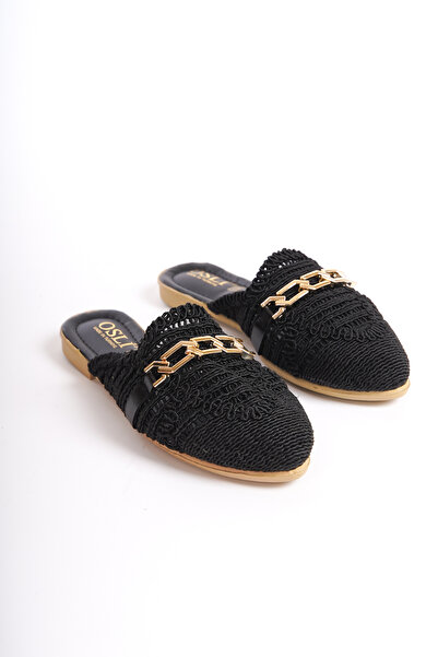 Moda Değirmeni Γυναικείες παντόφλες πόρπης μαύρες δαντέλες BG1163-122-0001