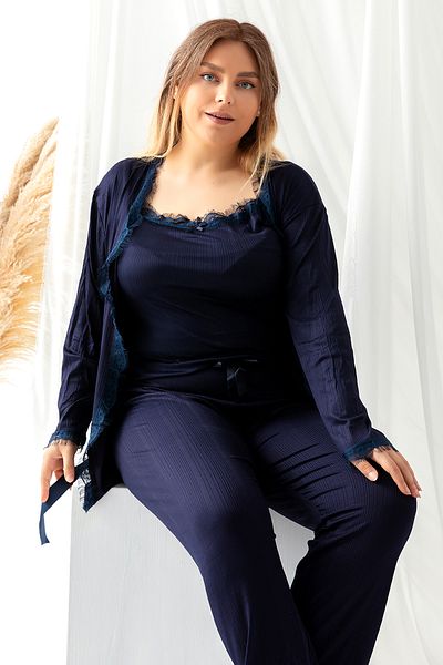 nisaNCa Set de pijamale de damă Pegasus de mărime mare cu detaliu din dantelă cu halat - Set zestre