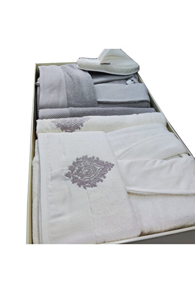 Özdilek Majestic Family Bathrobe Set 10 Pieces Gray Cream - Powder Glitter & Slippers Gift
