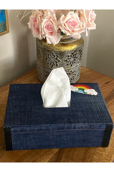 Fun Life Jeans Fabric Covered Handmade Wooden Tissue Box