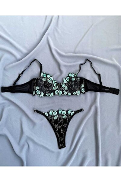 PATRON Floral Patterned Underwire B Cup Tulle Embroidery Set