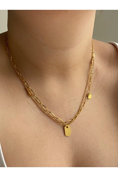 Owentis Çelik Gold Çift Sıra Zincirli Asker Detay Agnessa Kolye -kararma Yapmaz-