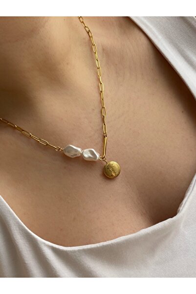 Owentis قلادة ليزابيث بتفاصيل ميدالية من اللؤلؤ الذهبي الصلب - لا تشويه -