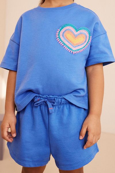 Next Baby Blue Heart Embroidered Cotton Shorts Set - Short Sleeve Bottom Top Set
