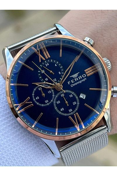 FERRO Silver Color Straw Cord Inner Functions Active 30 Mt Waterproof Men's Wristwatch EF3536-A34
