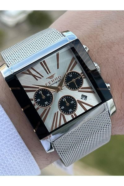 FERRO Silver Color Straw Cord Inner Functions Active 30 Mt Waterproof Men's Wristwatch EF41292-A34