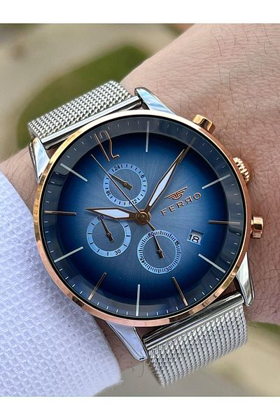 FERRO Men's Silver Color Straw Watchband - 30m Waterproof, Interior Functions Active EF31039-E3