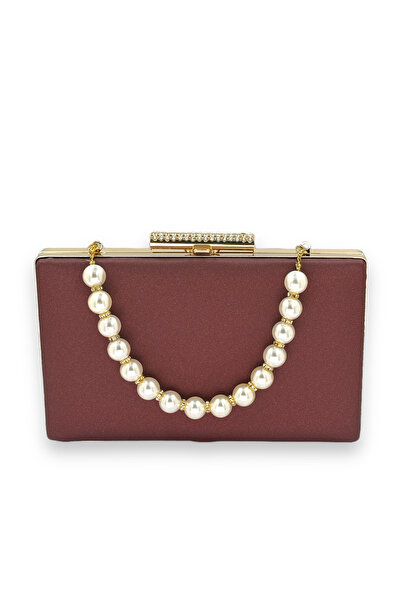 Biçanta Geantă de seară din satin mat burgundy - mâner perlat, fără amprente, clutch portofoliu