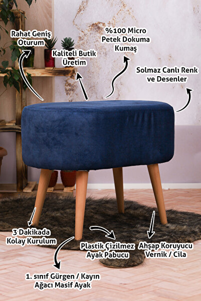 PufyHome DEFNE MAVİ GÜRGEN AYAKLI ÇOK AMAÇLI GENİŞ RAHAT OVAL PUF KOLTUK