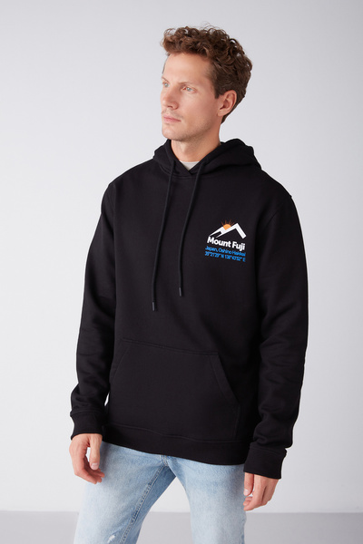 GRIMELANGE Ανδρικό μαλακό ύφασμα Carter με κουκούλα με στάμπα με κορδόνι σε κανονική εφαρμογή μαύρο φούτερ