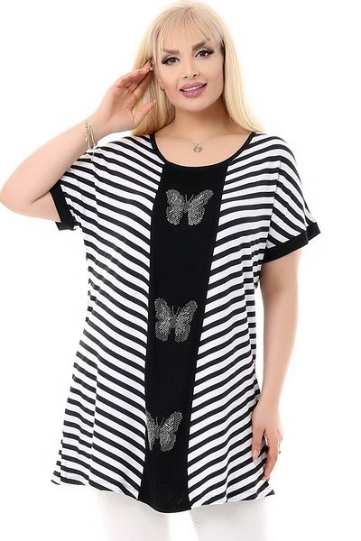 Kheos Short Sleeve Round Collar Bias Striped Blocked Comfortable and Flowy Stylish Tunic with Butterfly Stone Embroidery on the Front