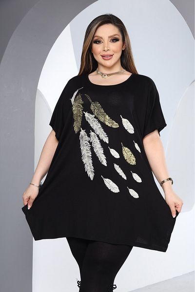 HÜLYA BUTİK WOMEN'S BLACK LEAF PATTERNED SLIT BLUZ