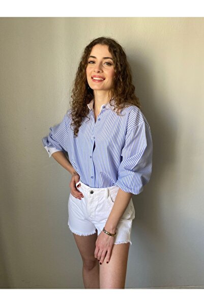 Niceboutique Mavi Çizgili Poplin Oversize Uzun Gömlek