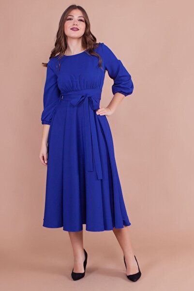 lovebox Esnek Kumaş Kuşak Detaylı Yuvarlak Yaka Uzun Kollu Beli Büzgülü Midi ...