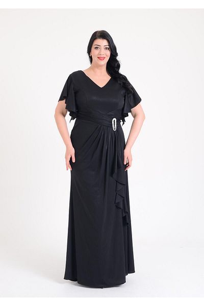SpringStore Black Side Brooch Draped Plus Size Evening Dress