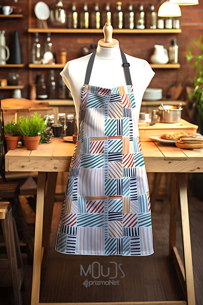 Moud's مريلة مطبخ بنمط مربع مخطط ملون من قماش الجلد المدبوغ، مريلة الطبخ، مريلة النادل، مريلة المطاعم