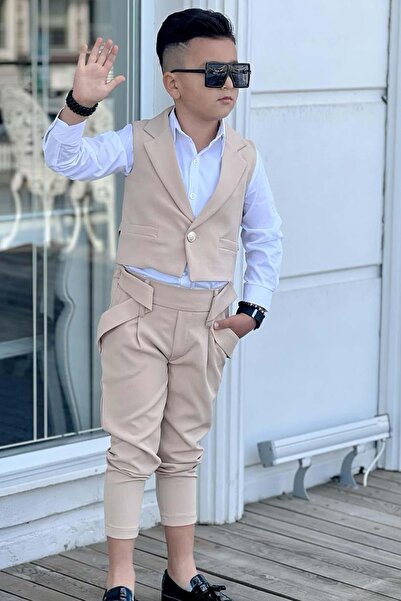 Riccotarz Set pentru băieți, detaliat cu nasturi, vestă și gât, cu nasturi pentru partea de jos și partea de sus, bej