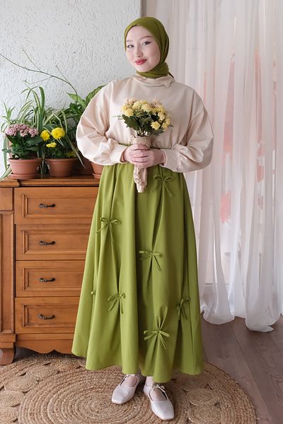 Ceylan Otantik Cream Pistachio Green Crop Top and Bow Detailed Skirt Set - 2 Thread