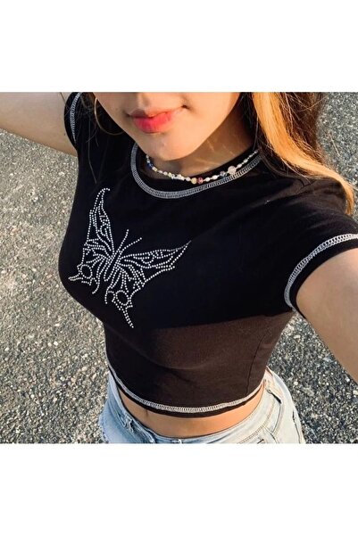 GOSSİP TEAM Hoodie Outdoor Butterfly Kelebek Taşlı Siyah Kadın T-shirt Crop