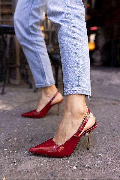 ANGELİNA JONES YIVSE WOMEN'S Claret Red Patent Leather Gold Buckle Detail Heeled Shoes
