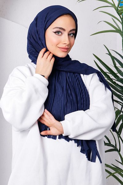 İmajButik الأزرق الداكن الداكن أزياء الأزرق مطوي العملي شال جاهز