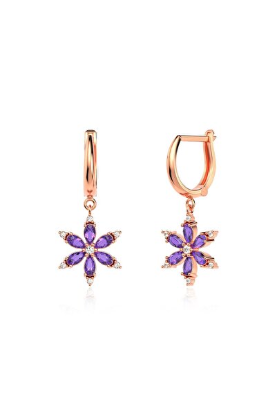 İNDİGO TAKI Ametist Taşlı Lotus Çiçeği Rose Gümüş Küpe