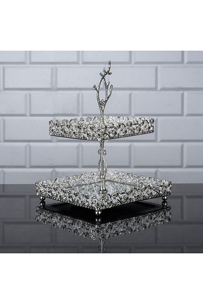 Hinora Diamond Stone 2 Tier Square Cookie Holder Mirrored Metal Presentation Tray Catering Silver