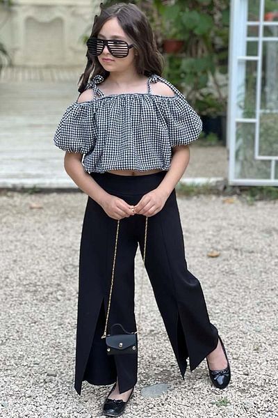Riccotarz Girl's Off-Shoulder Black Bottom and Top Set with Chest and Waist Cuff and Slit Detail