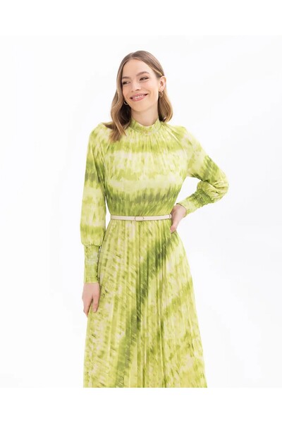 SEÇİL Seçil Stand Collar Patterned Long Sleeve Green Women's Dress10242104001020