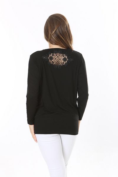 Şans Women's Large Size Black Long Sleeve Blouse with Stone Front and Lace Detail on the Back 65N37803