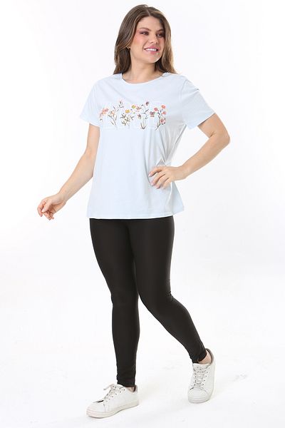 Şans Plus Size Baby Blue Cotton Fabric Front Printed Short Sleeve Blouse 65N37807
