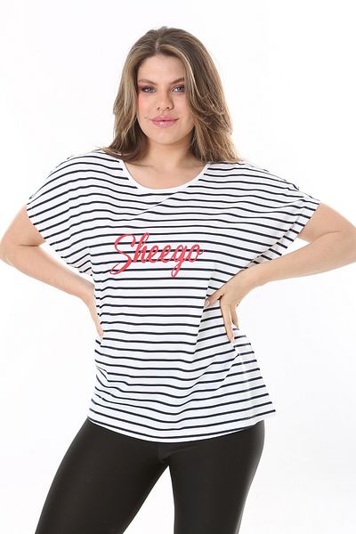 Şans Women's Plus Size Bone Cotton Fabric Front Printed Striped Blouse 65N37808