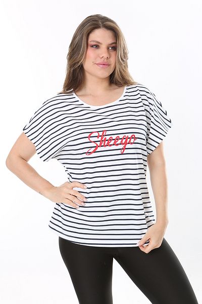 Şans Women's Plus Size Bone Cotton Fabric Front Printed Striped Blouse 65N37808