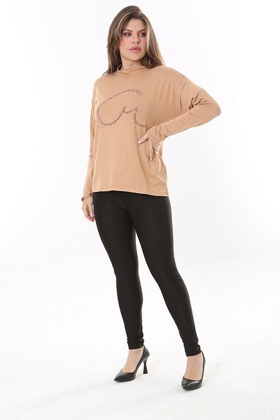 Şans Women's Plus Size Beige Zero Collar Stone Detailed Long Sleeve Blouse 65N37798