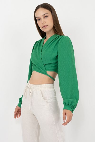 Soyo Women's Green Waist Tied Balloon Sleeve Crop Blouse