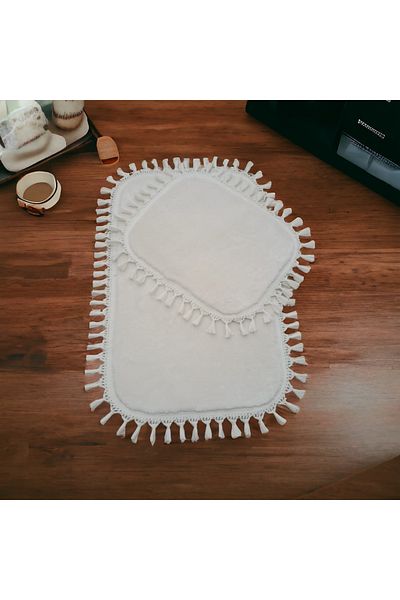 Altun Modern Post Plush XLL Large Size Mat Set - Pompom Fringed, Non-Slip Base 60*100 50*60