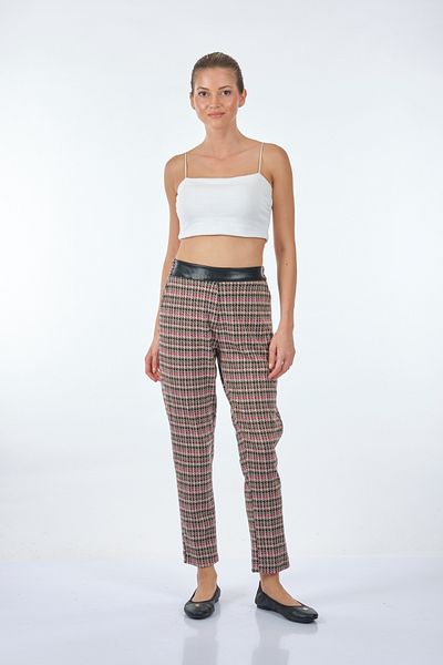 Ysatis Houndstooth Narrow Leg High Waist Beige-fuchsia Women's Trousers22232000115