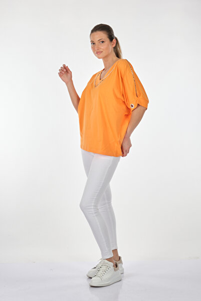 Vedi V-Neck Bat Sleeve Orange Women's Blouse22122028