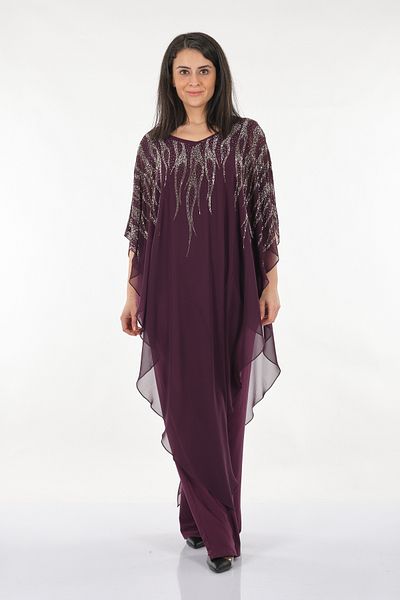 ROZESAH Rozeşah Large Size Stone Detailed Plum Women's Evening Dress Jumpsuit2316394