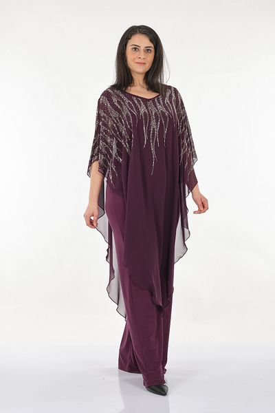 ROZESAH Rozeşah Large Size Stone Detailed Plum Women's Evening Dress Jumpsuit2316394