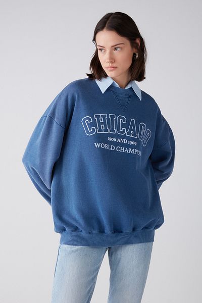 GRIMELANGE Hanorac albastru fleece supradimensionat pentru femei Amelia - moale, imprimat cu tema orașului