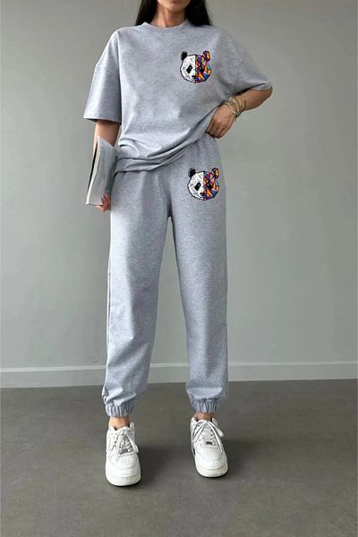 LOTS MODA COPY - Σετ αθλητικής φόρμας και μπλουζάκι με στάμπα Panda - T-shirt Jogger Crew Neck