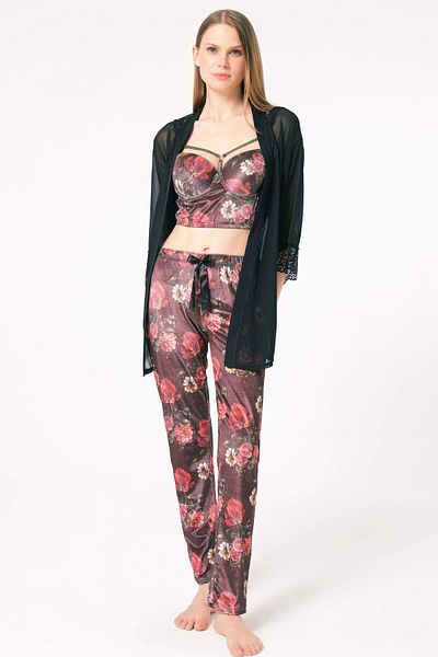 Anıl Floral Printed Padded Collar Velvet Bustier - Tulle Lace and Underwire Dressing Gown